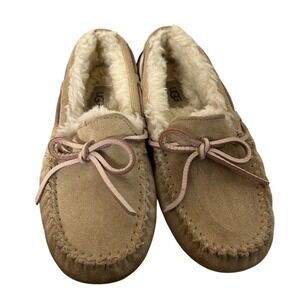 y2k UGG Australia Sheepskin Lined‎ Moccasin Slippers Tan Pink Bow Size 5